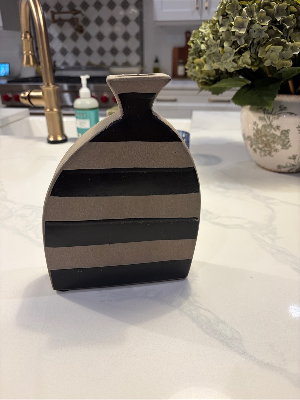 Decorative Striped Ceramic Vase - Black and Taupe